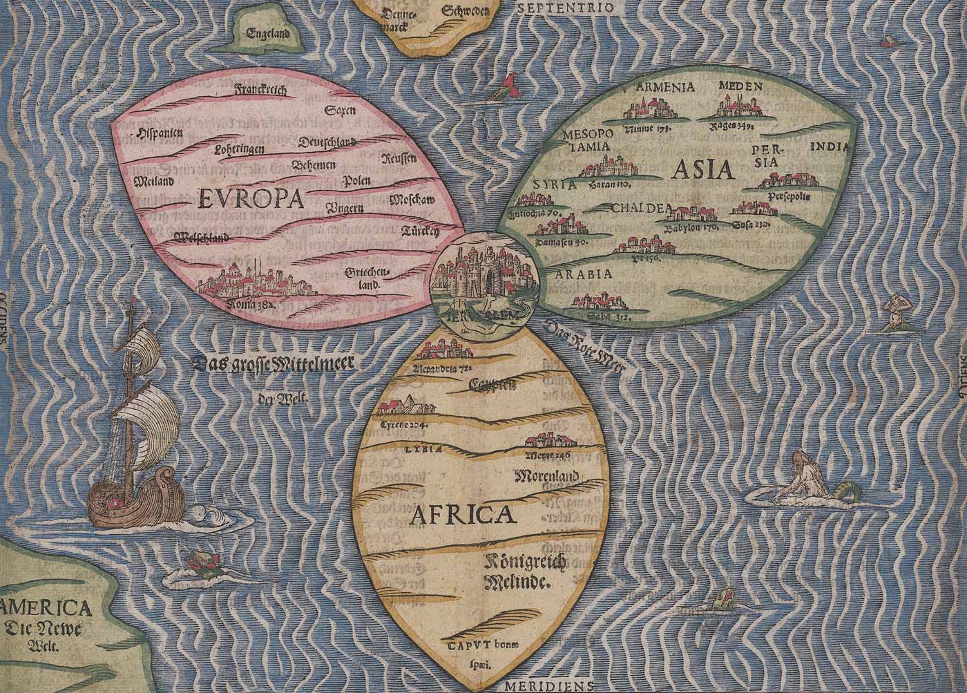 Historical clover leaf map with Jerusalem at the center.