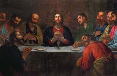 Antonio Viladomat’s “The Last Supper” (1678-1755). This well known arrangement puts Jesus sitting at the center of a long table while Judas is portrayed as the sly villain, slinking away to do his nasty business.